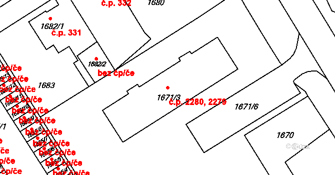 Mizerov 2279,2280, Karviná na parcele st. 1671/3 v KÚ Karviná-město, Katastrální mapa