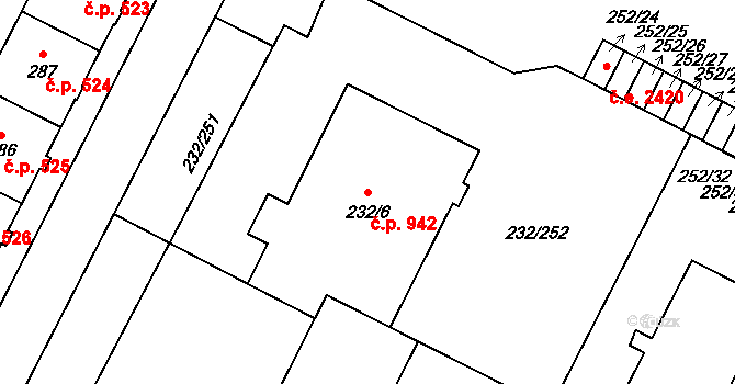 Lobzy 942, Plzeň na parcele st. 232/6 v KÚ Lobzy, Katastrální mapa