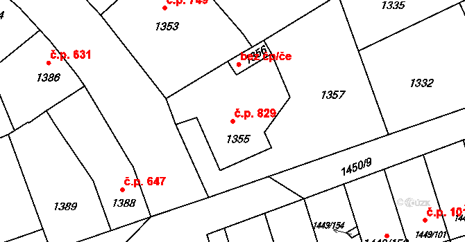 Pečky 829 na parcele st. 1355 v KÚ Pečky, Katastrální mapa