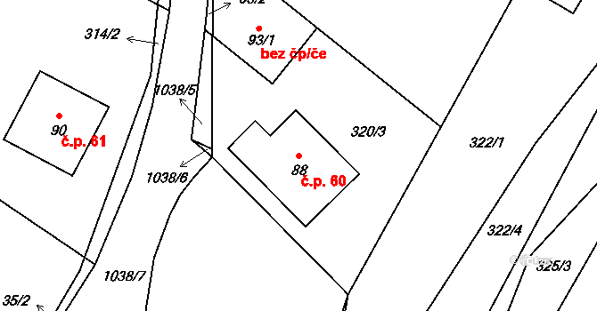 Chlebov 60, Soběslav na parcele st. 88 v KÚ Chlebov, Katastrální mapa