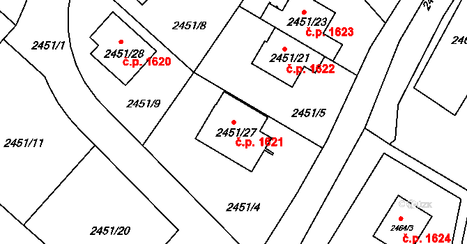 Kuřim 1621 na parcele st. 2451/27 v KÚ Kuřim, Katastrální mapa