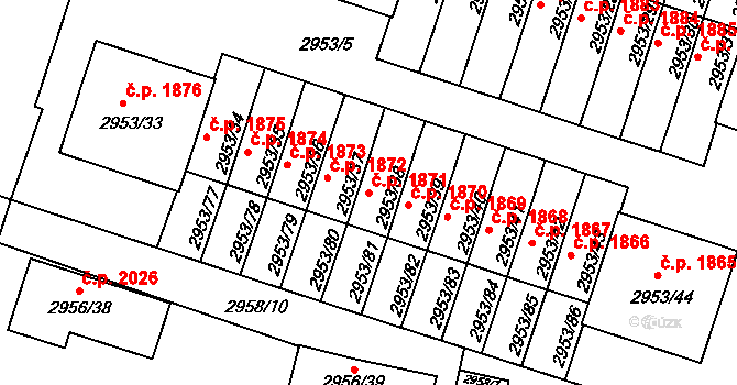 Kadaň 1871 na parcele st. 2953/38 v KÚ Kadaň, Katastrální mapa