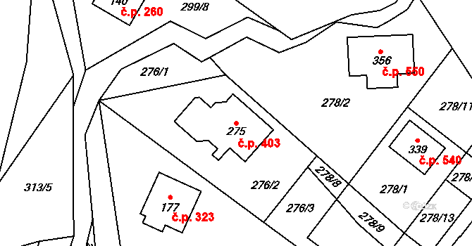 Tuchoměřice 403 na parcele st. 275 v KÚ Kněžívka, Katastrální mapa