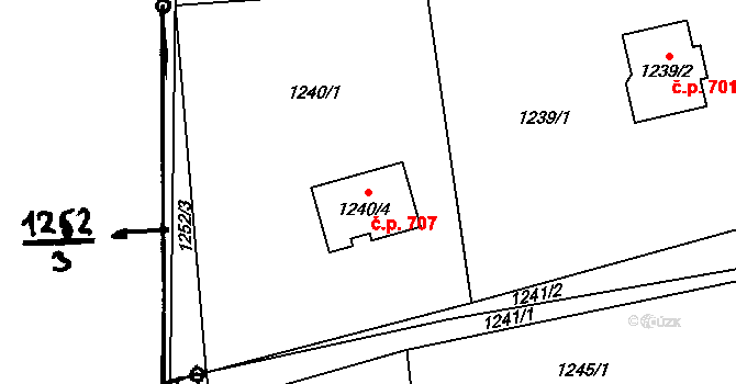 Staříč 707 na parcele st. 1240/4 v KÚ Staříč, Katastrální mapa