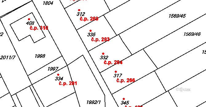 Nesovice 284 na parcele st. 332 v KÚ Nesovice, Katastrální mapa