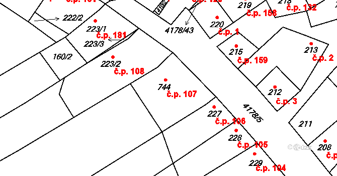 Ostrožská Lhota 107 na parcele st. 744 v KÚ Ostrožská Lhota, Katastrální mapa