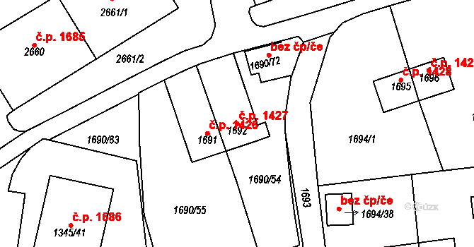 Horní Litvínov 1427, Litvínov na parcele st. 1692 v KÚ Horní Litvínov, Katastrální mapa