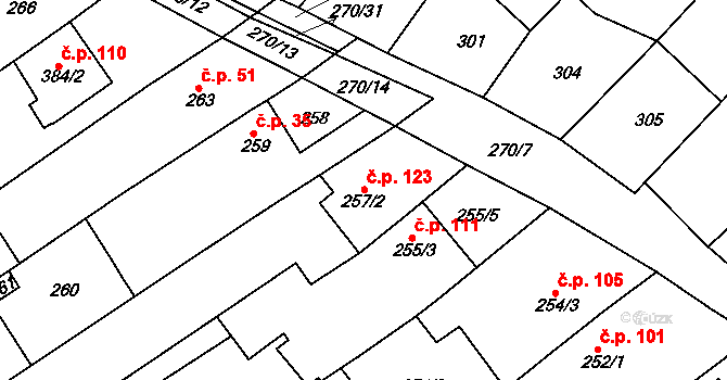 Vítovice 123, Rousínov na parcele st. 257/2 v KÚ Vítovice, Katastrální mapa