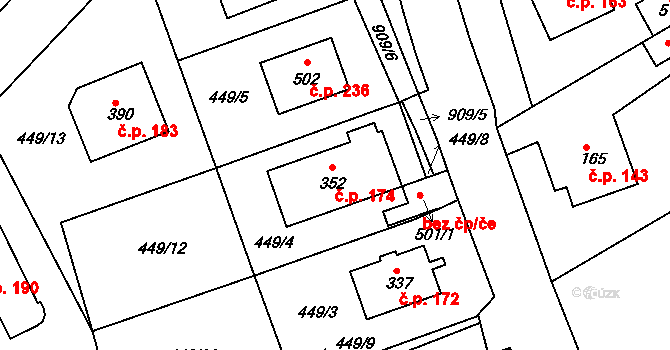 Smrkovice 174, Písek na parcele st. 352 v KÚ Smrkovice, Katastrální mapa