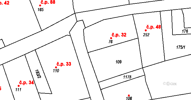 Ovčáry 32 na parcele st. 76 v KÚ Ovčáry u Dřís, Katastrální mapa