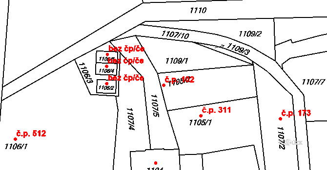 Hronov 102 na parcele st. 1105/2 v KÚ Hronov, Katastrální mapa
