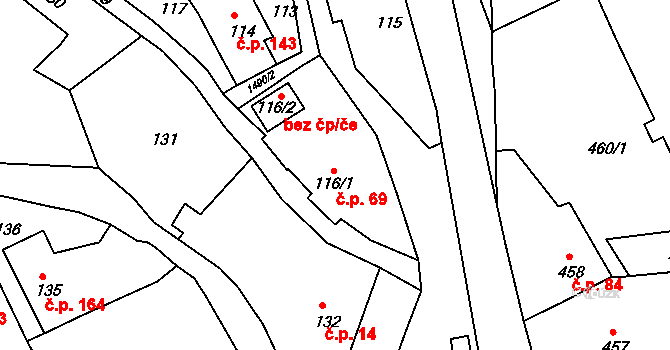 Olomučany 69 na parcele st. 116/1 v KÚ Olomučany, Katastrální mapa