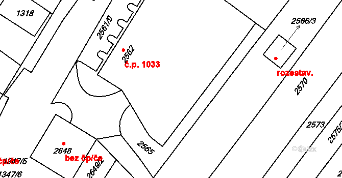 Lužice 1033 na parcele st. 2562 v KÚ Lužice u Hodonína, Katastrální mapa
