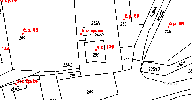 Jerlochovice 136, Fulnek na parcele st. 251 v KÚ Jerlochovice, Katastrální mapa