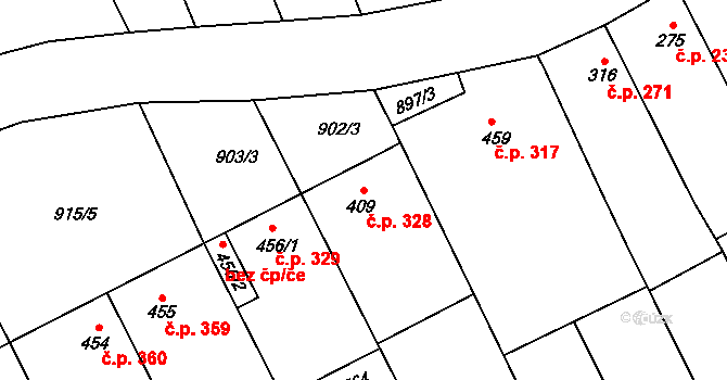 Křepice 328 na parcele st. 409 v KÚ Křepice u Hustopečí, Katastrální mapa