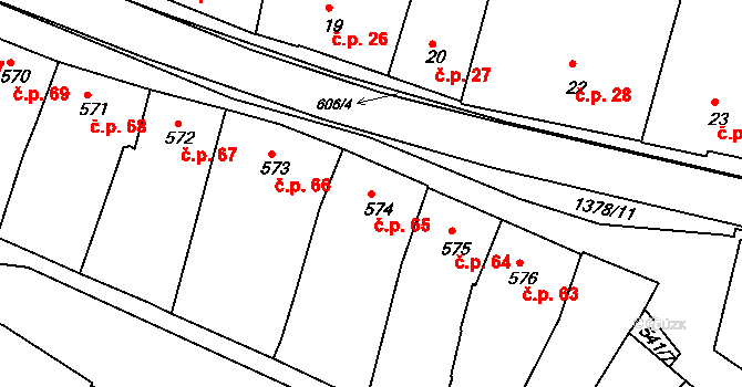 Šatov 65 na parcele st. 574 v KÚ Šatov, Katastrální mapa