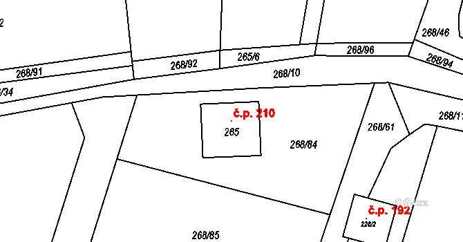 Voděrady 210 na parcele st. 265 v KÚ Voděrady u Kunštátu, Katastrální mapa