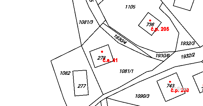 Hřebečná 41, Abertamy na parcele st. 278 v KÚ Hřebečná, Katastrální mapa