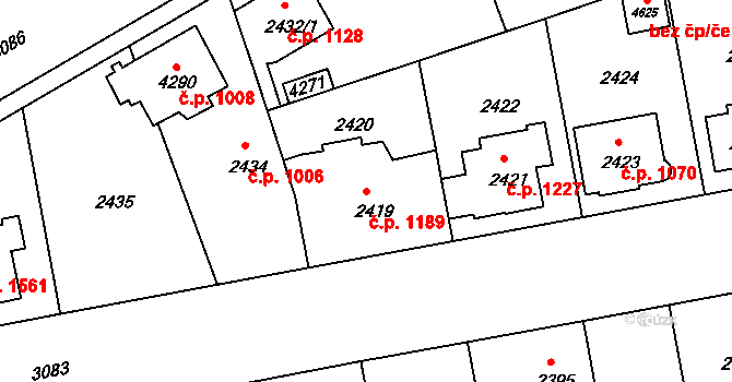 Čelákovice 1189 na parcele st. 2419 v KÚ Čelákovice, Katastrální mapa
