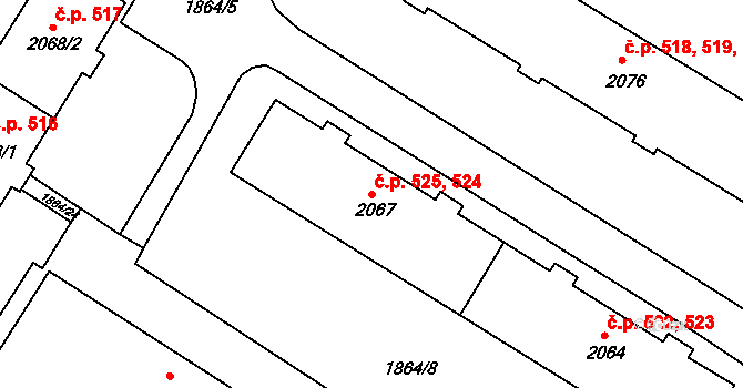 Hrušovany u Brna 524,525 na parcele st. 2067 v KÚ Hrušovany u Brna, Katastrální mapa