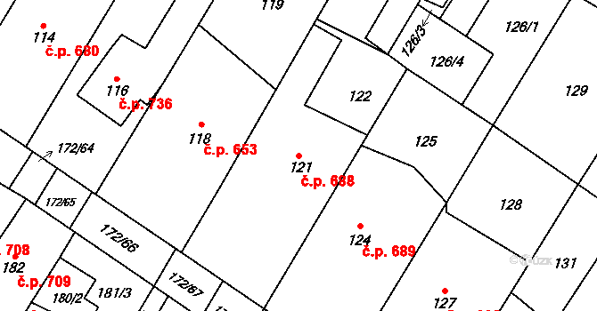 Ždánice 688 na parcele st. 121 v KÚ Ždánice, Katastrální mapa