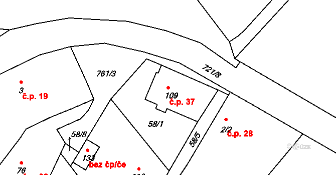 Křížkový Újezdec 37 na parcele st. 109 v KÚ Křížkový Újezdec, Katastrální mapa