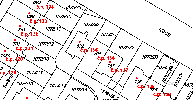 Otín 136, Jindřichův Hradec na parcele st. 704 v KÚ Otín u Jindřichova Hradce, Katastrální mapa