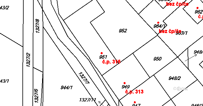 Tuchlovice 316 na parcele st. 951 v KÚ Tuchlovice, Katastrální mapa