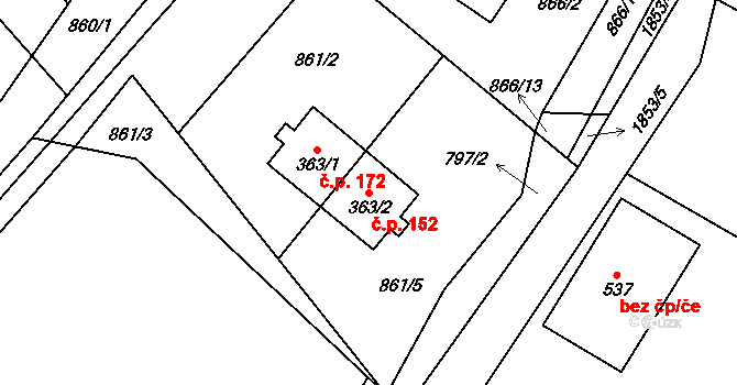 Chuchelna 152 na parcele st. 363/2 v KÚ Chuchelna, Katastrální mapa