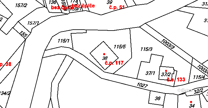 Horní Krupka 117, Krupka na parcele st. 38 v KÚ Horní Krupka, Katastrální mapa