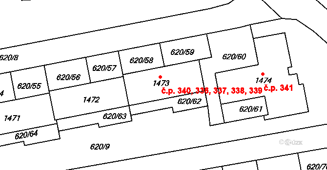 Medlánky 336,337,338,339,340, Brno na parcele st. 1473 v KÚ Medlánky, Katastrální mapa