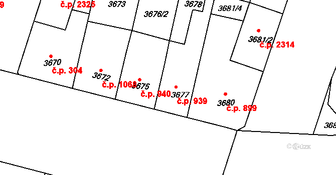 Teplice 939 na parcele st. 3677 v KÚ Teplice, Katastrální mapa