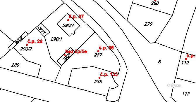 Kratonohy 36 na parcele st. 287 v KÚ Kratonohy, Katastrální mapa