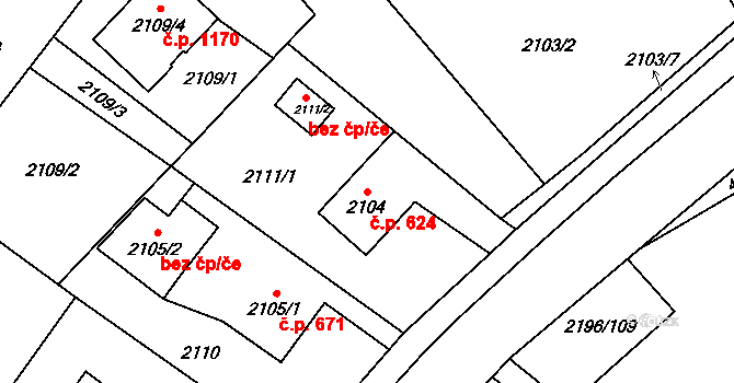 Jablunkov 624 na parcele st. 2104 v KÚ Jablunkov, Katastrální mapa