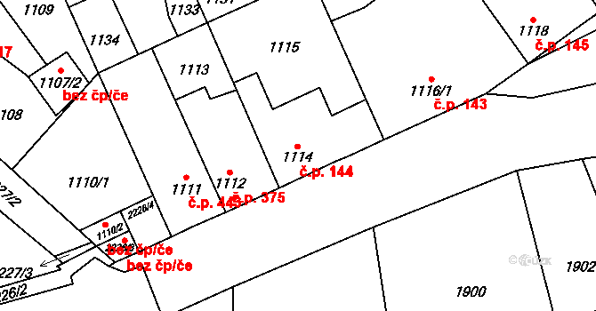 Stodůlky 144, Praha na parcele st. 1114 v KÚ Stodůlky, Katastrální mapa