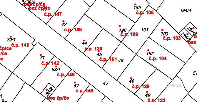 Újezdské Předměstí 151, Bílina na parcele st. 45 v KÚ Bílina-Újezd, Katastrální mapa
