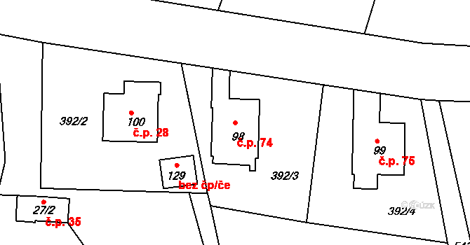 Záhornice 74, Trnov na parcele st. 98 v KÚ Záhornice, Katastrální mapa