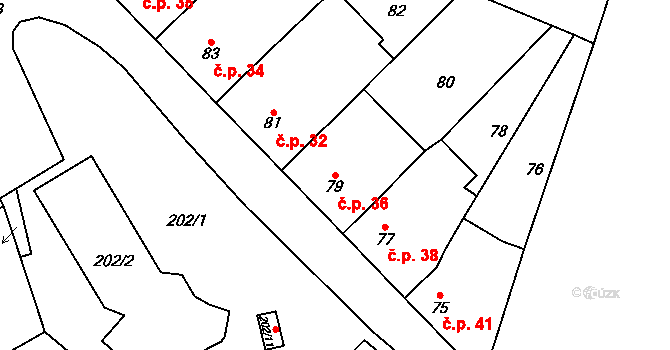 Nuzířov 36, Malhostovice na parcele st. 79 v KÚ Nuzířov, Katastrální mapa