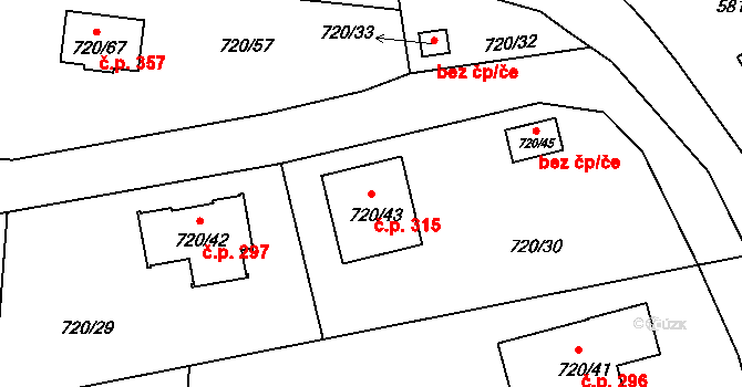 Černé Budy 315, Sázava na parcele st. 720/43 v KÚ Černé Budy, Katastrální mapa