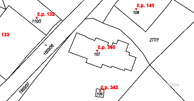 Rosice 340 na parcele st. 107 v KÚ Rosice u Chrasti, Katastrální mapa