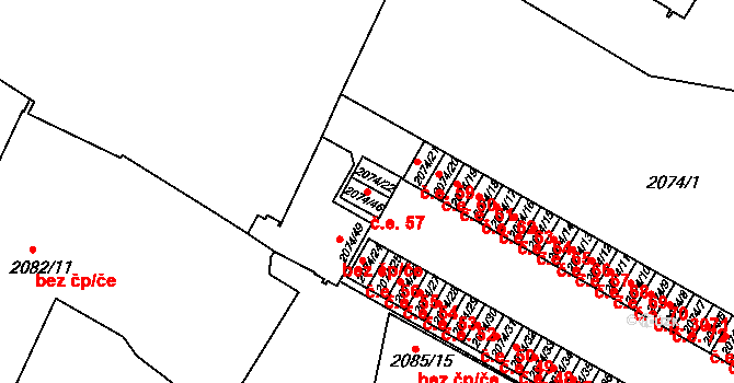 Brňany 57, Vyškov na parcele st. 2074/46 v KÚ Vyškov, Katastrální mapa