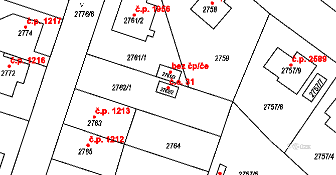 Horní Počernice 31, Praha na parcele st. 2762/2 v KÚ Horní Počernice, Katastrální mapa