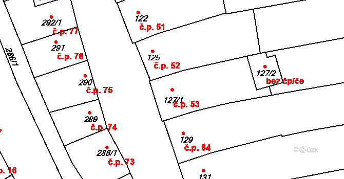 Újezdec 53, Uherský Brod na parcele st. 127/1 v KÚ Újezdec u Luhačovic, Katastrální mapa
