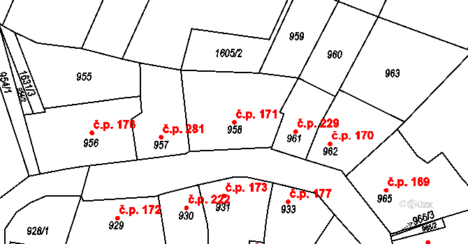 Drnovice 171 na parcele st. 958 v KÚ Drnovice u Vyškova, Katastrální mapa