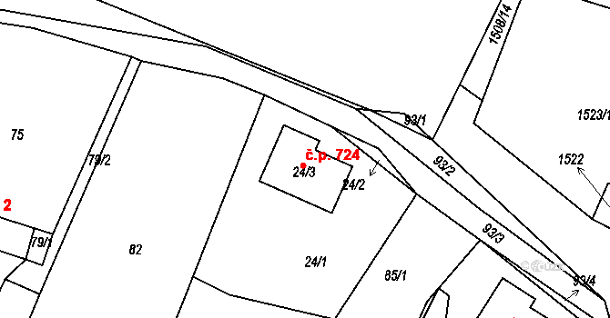 Vinařice 724 na parcele st. 24/3 v KÚ Vinařice u Kladna, Katastrální mapa