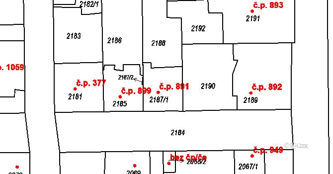 Třešť 891 na parcele st. 2187/1 v KÚ Třešť, Katastrální mapa