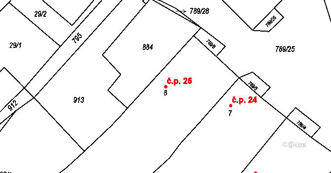 Vlkanov 25 na parcele st. 8 v KÚ Vlkanov u Nového Kramolína, Katastrální mapa