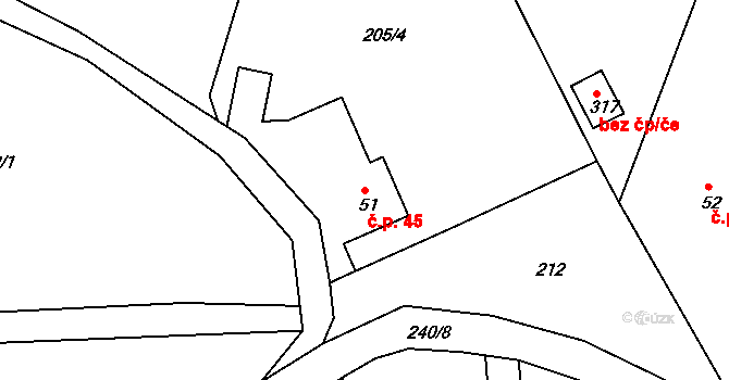 Bražec 45, Náchod na parcele st. 51 v KÚ Bražec, Katastrální mapa