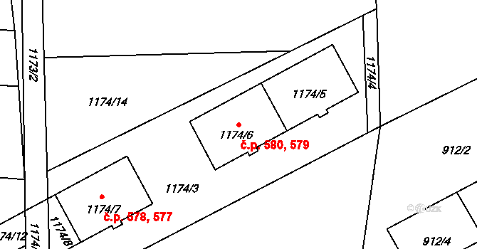 Tlučná 579,580 na parcele st. 1174/6 v KÚ Tlučná, Katastrální mapa