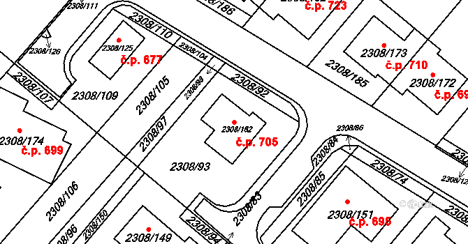 Obřany 705, Brno na parcele st. 2308/162 v KÚ Obřany, Katastrální mapa